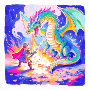 A fierce dragon with emerald green scales is rearing back, its mouth wide open as it breathes a stream of bright orange and yellow flames. The dragon's eyes are glowing with intensity, showcasing sharp, menacing features. In the foreground, a hero clad in shining armor stands poised, gripping a glowing sword that emanates a bright blue light. The hero's stance is firm, muscles tense with determination, and the sword is raised high, ready to strike. Around them, the ground is scorched from the dragon's fire, with smoke curling into the air. The scene is filled with dramatic tension as the two figures face each other in this moment of impending battle.