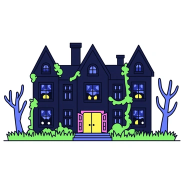 A large, eerie mansion with a dark exterior. The windows are tall and narrow, with some panes cracked, allowing shadows to flicker through. The mansion features a grand entrance with intricate wooden doors partially open, revealing a glimpse of a shadowy interior. Overgrown green vines creep along the sides of the building, wrapping around the columns and windows. The front yard is filled with tall, unkempt grass and sparse, leafless trees, creating a foreboding atmosphere. A few lights within the mansion flicker sporadically, casting an unsettling glow onto the surrounding area.