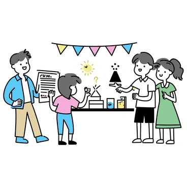 A group of four children, two boys and two girls, standing at a table displaying their science projects. The first boy, wearing a light blue shirt and khaki pants, is explaining his poster about solar energy. The second boy, dressed in a white polo and navy shorts, is showcasing a small volcano model. One girl, with pigtails, is wearing a pink blouse and jeans, holding a beaker filled with colored liquid. The other girl, with curly hair, is dressed in a green dress, pointing to her project about plant growth. The background consists of colorful banners and other projects on display at a school fair.