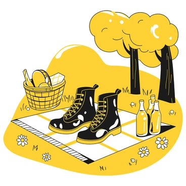A pair of Dr. Martens boots positioned on a white picnic blanket spread out on green grass. The boots are shiny with characteristic yellow stitching and laces. Nearby, there's a woven basket filled with fruits and a checkered napkin. A bottle of lemonade is placed beside the basket. In the background, trees provide shade, and a few daisies are scattered around the blanket. The sunlight creates soft shadows on the blanket.