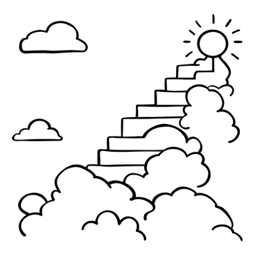 A stairway composed of fluffy clouds winding upwards, with each step appearing soft and billowy. At the top of the stairway, a bright, radiant light emanates, creating a stark contrast against the clouds. The clouds have varying textures, some wispy and fragile, while others are denser. The entire scene radiates a sense of elevation and ascent, leading towards the source of the dazzling light.