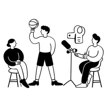 A man standing with a basketball in one hand, wearing a sports jersey and shorts. He is positioned in front of a microphone on a stand, indicating a post-game interview setting. There are reporters with notepads and cameras capturing the moment. A backdrop displaying the team's logo and the text "Post-Game Interview" is visible.