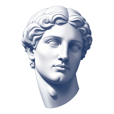 A face resembling a classic sculpture from ancient Greece. The features are chiseled and symmetrical, showcasing a strong jawline and high cheekbones. The forehead is smooth and slightly furrowed, suggesting wisdom. The eyes are deep-set and expressive, with a slight gaze directed to the side. The nose is straight and elegantly proportioned, while the lips are closed and slightly formed into a subtle expression. The hair is styled in a way consistent with ancient Greek art, featuring defined curls and a natural flow. The surface of the face exhibits intricate details, capturing the essence of marble texture.