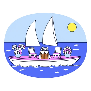 A yacht with white sails gently bobbing on the water. The deck of the yacht is adorned with white and blush pink flowers arranged in elegant bouquets. There is a small altar made of driftwood draped in white fabric at the center of the deck. Two chairs are placed on either side of the altar, each decorated with matching floral arrangements. The ocean sparkles under a clear blue sky, and the sun creates a warm glow over the scene. "Love" is written in elegant script on a decorative sign near the altar.