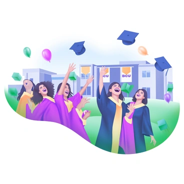 A vibrant graduation ceremony at BCU featuring a diverse group of graduates in colorful gowns and caps. The graduates are standing in a large outdoor area, surrounded by friends and family. They are joyfully tossing their caps into the air, with big smiles on their faces. In the background, the BCU campus building is visible, adorned with banners celebrating the occasion. Balloons in various pastel colors float in the air, adding to the festive atmosphere. The sky is clear and blue, creating a bright and cheerful setting for the celebration.