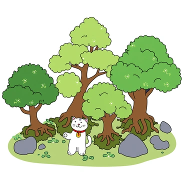 A tranquil bonsai garden filled with various miniature trees of different shapes and sizes. The trees have lush green leaves, with some displaying delicate blossoms. In the center of the garden, there is a small, charming "lucky cat" statue, painted white with a raised paw. The statue is positioned among the twisted roots and moss-covered stones, blending harmoniously with the natural elements. Sunlight filters through the leaves, creating dappled patterns on the ground.