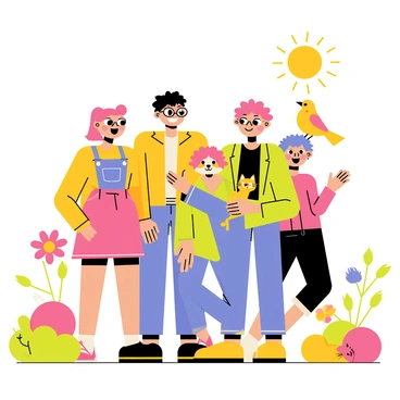 A group of friends with exaggerated features and joyful expressions stands together in a vibrant park. Each friend has distinct characteristics, such as a tall figure with a huge smile, a short person with big round glasses, and another with wild, colorful hair. They are surrounded by playful animals, including a fluffy dog jumping excitedly, a curious cat peeking from behind a bush, and a cheerful bird perched on one friend's shoulder. Bright flowers bloom around them, adding splashes of color to the scene. The sun shines overhead, creating a warm and lively atmosphere.
