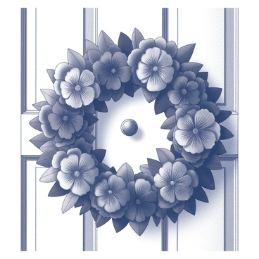 A wreath made of black flowers arranged in a circular formation, with dark green leaves interspersed among the petals. The flowers have intricate petals and a glossy surface, creating a striking contrast with the leaves. The wreath is hanging on a door, clearly visible, with the door's surface appearing textured and solid. The door features a prominent, round doorknob positioned at the center, providing context for the wreath's placement.