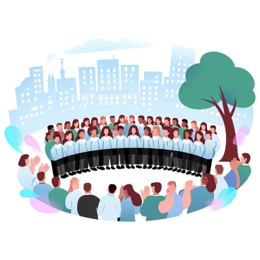 A choir is positioned in the center of a bustling city square, surrounded by various buildings featuring a mix of architectural styles. The choir is composed of individuals dressed in coordinating outfits, with a diverse range of ages and backgrounds, all engaged in singing harmoniously. In front of the choir, a crowd of onlookers is gathered, with some people holding smartphones to capture the performance, while others are clapping along. Colorful banners and decorations are displayed around the square, contributing to the lively atmosphere. A large tree stands nearby, providing shade to some of the audience members.