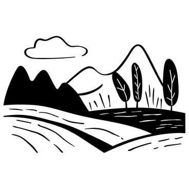 A black-and-white illustration of a textured landscape featuring rolling hills and valleys. The foreground includes a series of wavy lines representing the texture of the earth. In the background, there are abstract forms resembling mountains with jagged edges. Wispy cloud shapes float above, and the scene is dotted with tree silhouettes that have intricate patterns in their bark. The composition is dynamic, with layers creating depth, drawing the viewer's eye throughout the landscape.