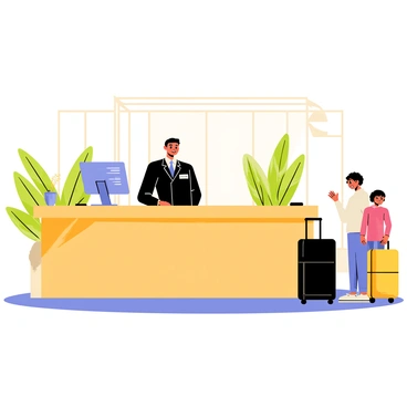 A hotel receptionist stands behind a sleek wooden front desk, wearing a crisp black uniform with a name tag. The receptionist has a stiff smile on their face, conveying a sense of formality. Behind the desk, there is a computer monitor displaying a guest check-in screen. In front of the desk, a family with luggage waits, looking slightly confused. The lobby features elegant decor, including potted plants and a chandelier overhead.