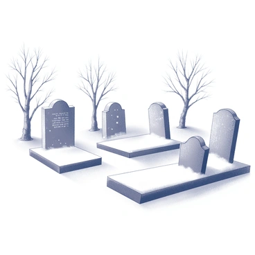 A graveyard blanketed in snow. Several headstones rise above the white covering, each with varying shapes and inscriptions. The headstones are weathered, some leaning slightly, creating an uneven appearance in the landscape. Trees with bare branches surround the area, their trunks dusted with snow. The scene conveys a stillness, with snowflakes gently falling from the sky, adding to the serene ambiance of the graveyard.