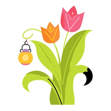 A tropical plant with large green leaves and vibrant pink and orange blooms. The flowers are open wide, showcasing their intricate petal patterns. A softly glowing garden lantern casts warm light onto the plant, creating a contrast with the deep greens of the foliage. The lantern is round, hanging from a low branch nearby, illuminating the scene with a gentle glow.