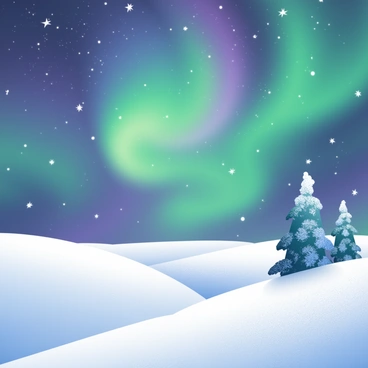 The night sky is illuminated by "the Northern Lights," with vibrant hues of green, purple, and blue swirling and dancing across the expanse. Below, a "snowy landscape" stretches out, covered in a thick layer of glistening white snow that reflects the colors above. In the foreground, a few "frost-covered trees" stand tall, their branches heavy with snow. The scene is tranquil, with a sense of vastness and wonder as the lights create a captivating display overhead.