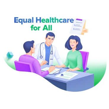 A modern pastel illustration depicting a doctor in a white coat sitting at a desk. The doctor has short dark hair and is attentively looking at two patients sitting across from them. One patient is a male wearing a blue shirt with a neutral expression, while the other patient is a female dressed in a green blouse, appearing engaged in the conversation. On the desk, there are medical charts and a stethoscope, emphasizing a professional environment. Above the scene, the words "Equal Healthcare for All" are prominently displayed in bold, inclusive lettering.