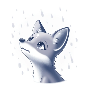 A close-up of a fox's face, featuring distinct, pointed ears and a rounded snout. The fox's eyes are wide and expressive, conveying a sense of innocence. Surrounding the fox's face, numerous raindrops are falling, creating a sense of movement as they cascade around it. The wet fur glistens from the moisture, emphasizing the texture. The background is softly blurred, focusing attention on the adorable expression of the fox as it looks upward, capturing a moment of charm in the drizzle.