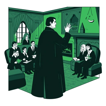 A dark-haired man with a serious expression is standing in front of a group of young students in a Slytherin common room. He is wearing a long black cloak and has a distinguished appearance. The room is adorned with rich green and silver decorations, and the students are seated attentively on plush, dark furniture. The man raises his arms slightly as he speaks, commanding their attention. The students are dressed in their Hogwarts uniforms and look inspired, with some holding books and quills. A fireplace glows in the background, casting warm light across the scene.