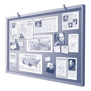 A pinboard filled with various newspaper clippings, old maps, and photographs. The newspaper clippings display headlines related to the Red Scare and feature notable figures and events from that era. The maps illustrate the geographical spread of the perceived threat, marked with pins and notes. The photographs depict individuals involved in the events of the time, showcasing a mix of seriousness and urgency. Each element is neatly arranged on the board, with some clippings overlapping slightly, creating a layered look.