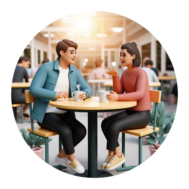 Two friends are seated at a round wooden table in a bustling outdoor café. One friend is wearing a blue denim jacket and white t-shirt, while the other is dressed in a red sweater and black jeans. Each has a steaming mug of coffee in front of them. The café is filled with people, with some sitting at nearby tables, and the sounds of laughter and conversation fill the air. Green potted plants are placed around the café, adding a touch of nature to the lively atmosphere. The sun is shining brightly, creating warm highlights on their faces as they engage in conversation, smiling and gesturing animatedly.
