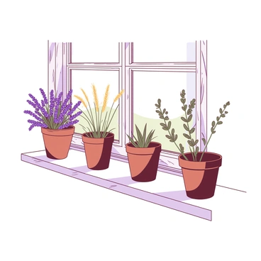 A white cottage window sill is lined with several terracotta pots, each filled with various dried flowers. The flowers include lavender, wheat, and eucalyptus, showcasing their muted colors. Sunlight filters through the window, casting gentle shadows across the pots. The window frame has a rustic wooden texture, and the panes are slightly foggy, hinting at a cool breeze outside. Delicate wisps of dried grass spill over the edges of the pots, adding to the charm of the scene.