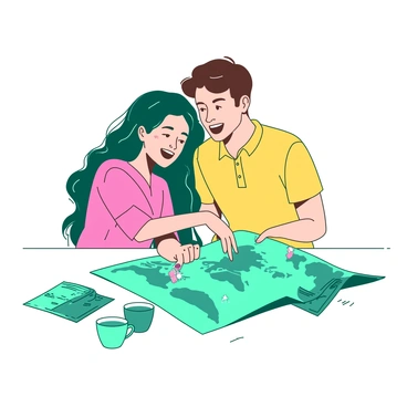 A teal couple sits closely together at a white table, both leaning over an open map that is spread out in front of them. The woman has long dark hair, wearing a pink shirt, while the man has short brown hair, dressed in a yellow button-up shirt. They are pointing at different locations on the map, displaying excited expressions. On the table, there are two small cups, one teal and one white, and a few travel brochures scattered around, adding to the sense of planning their next vacation.
