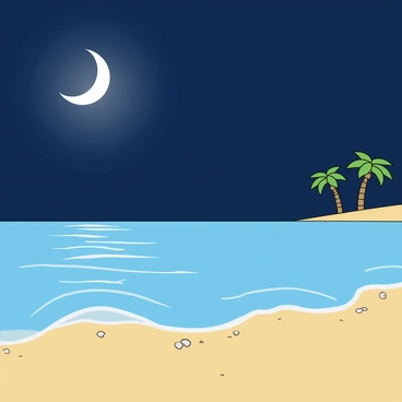 Gentle waves lapping at a sandy shoreline under a bright crescent moon. The moon is positioned in the night sky, casting a silver glow on the water. The sand appears soft and inviting and is sprinkled with small seashells. In the distance, a few palm trees sway lightly in the breeze, their silhouettes outlined against the moonlit sky. The water reflects the light of the moon, creating a shimmering path on the surface.