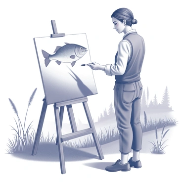 A painter stands in front of an easel, focused on an image of a dead fish laid out on a canvas. The fish is detailed, showcasing its scales and fins, while the painter holds a brush poised above the canvas. In the background, there are natural elements such as tall grasses and a distant line of trees, creating a harmonious setting. The sunlight casts shadows across the scene, enhancing the textures of the fish and the painter's attire. The painter's expression reflects concentration as they work on capturing the intricate features of the subject.