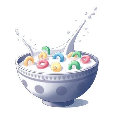 A cereal bowl placed on a flat surface. The bowl is round with a whimsical design, featuring playful patterns around its exterior. Inside the bowl, colorful cereal loops are scattered, some partially submerged in white milk. Milk is actively splashing around, creating dynamic droplets and arcs as it interacts with the cereal. Each loop has a distinct shape and textured surface, contributing to the lively atmosphere of the scene. The overall composition is engaging, drawing attention to the motion and the vibrant colors of the cereal.
