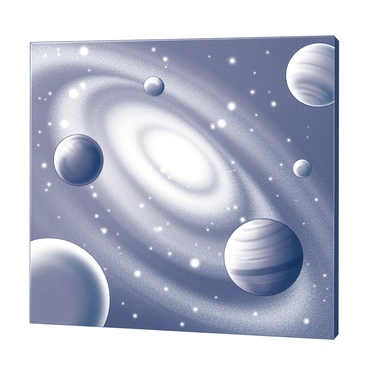 A textured illustration board, measuring 8x8 inches, features a representation of a galaxy scene. The surface displays swirling patterns that suggest movement, with numerous stars scattered across the space. Several planets of varying sizes are positioned throughout the composition, each exhibiting unique shapes and textures. The overall arrangement creates a sense of depth, inviting a closer look at the intricate details of the celestial bodies.