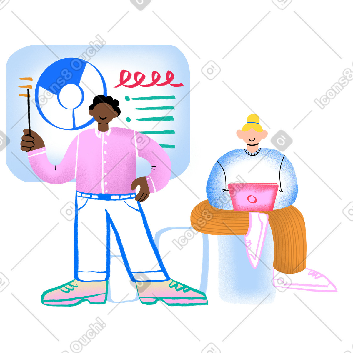 Ilustración Two office workers doing presentation en estilo Bonny a descargar en PNG y SVG