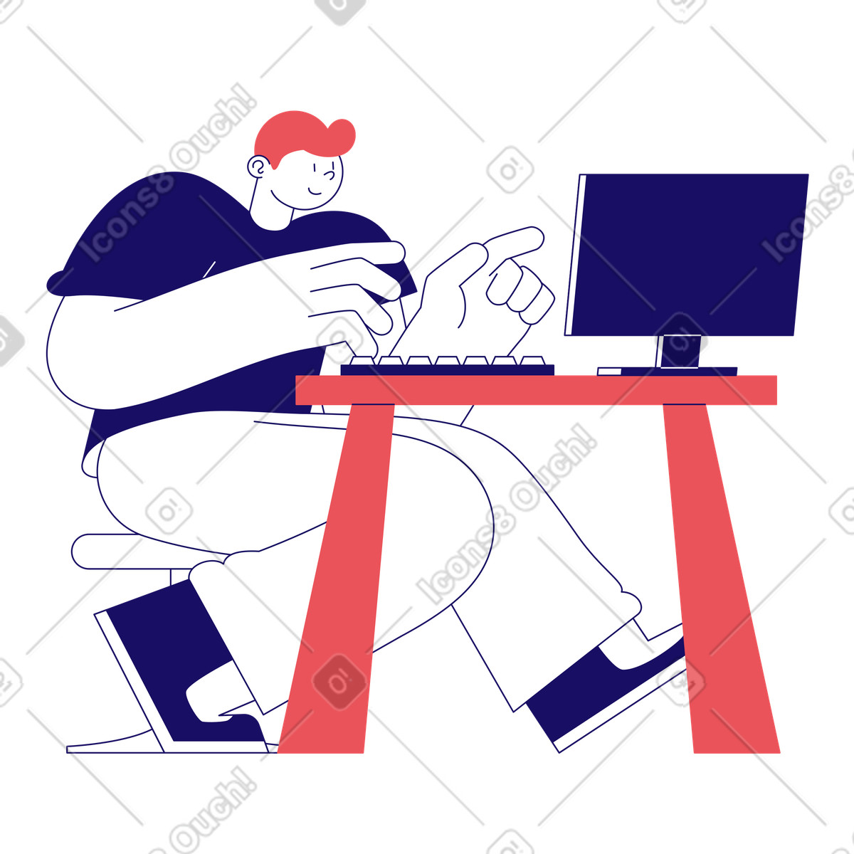 Uomo che lavora su un computer illustrazione animata in stile Bendy scaricabile in GIF, Lottie (JSON), AE