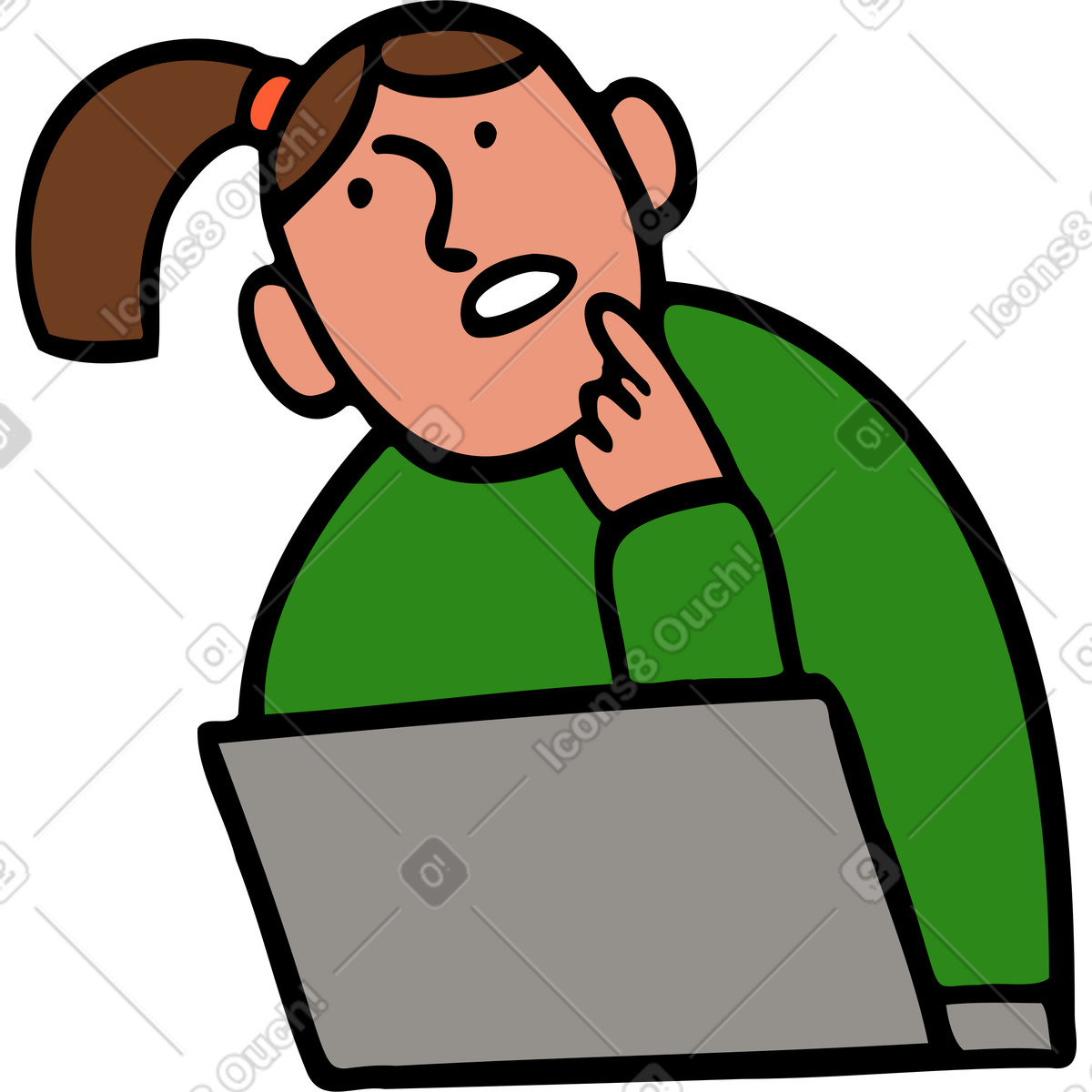 Woman thinking behind a computer illustration in Comic style download in PNG, SVG