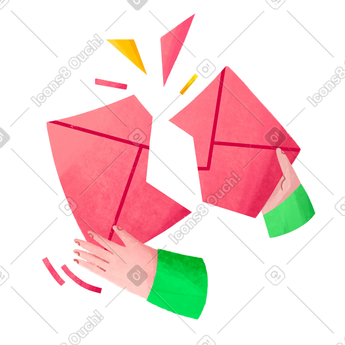 Hände zerreißen den umschlag in zwei hälften und zeigen, wie man sich von briefen abmeldet-Illustration im Bonbon-Stil als Download PNG, SVG