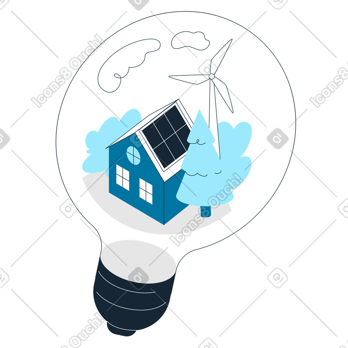 House with a wind turbine and solar panel in the bulb illustration Indigo style download PNG, SVG