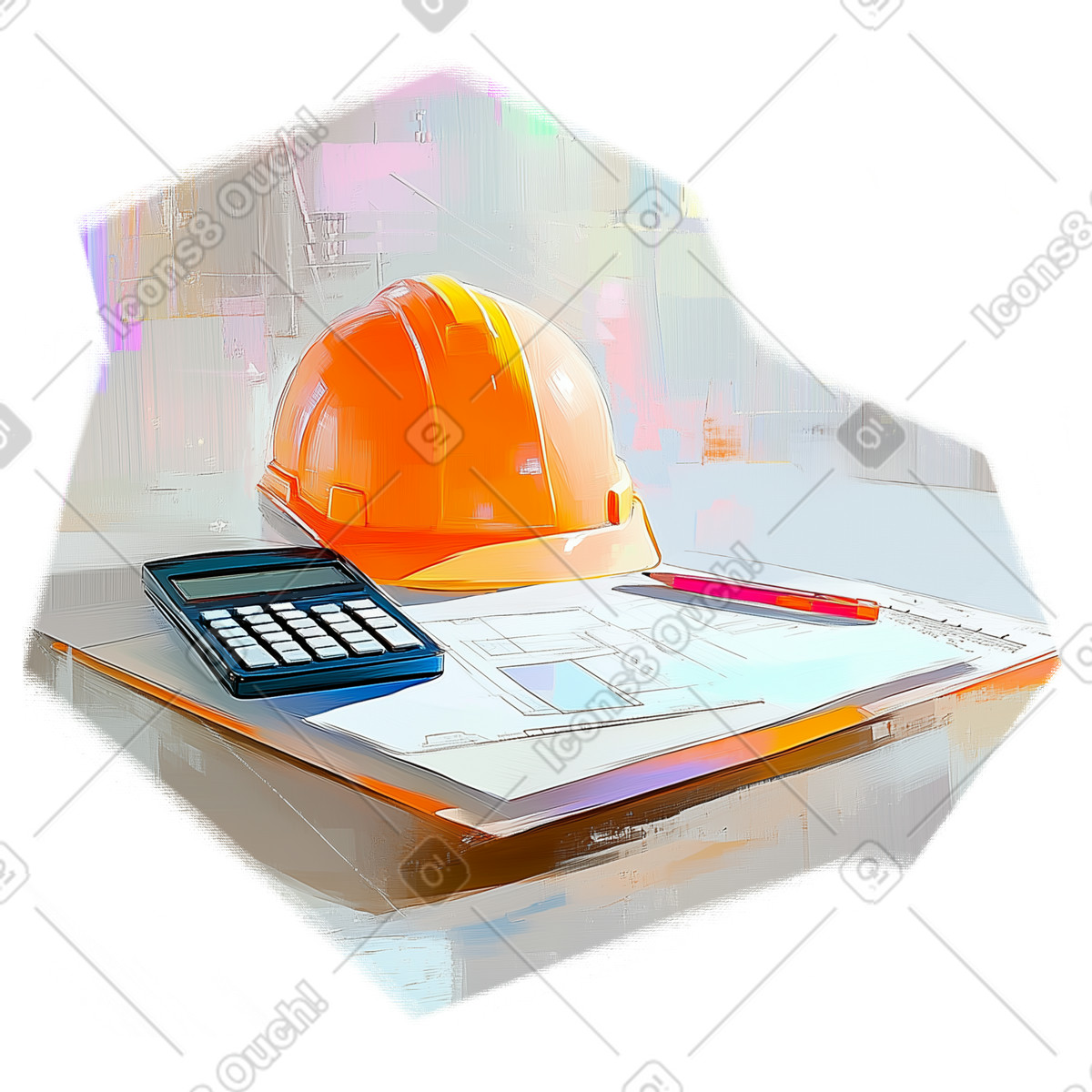 Illustration Peinture à l'huile d'un projet de construction, casque sécurité, calculatrice dans le style Pictorial télécharger aux formats PNG, SVG