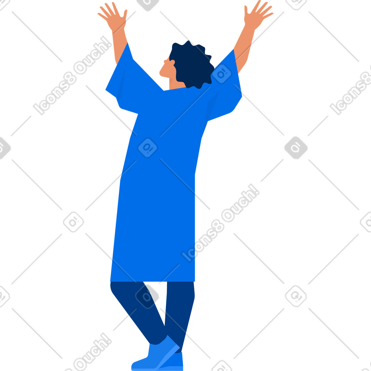 Graduate in robe stands with hands raised up illustration high-quality clipart graphics