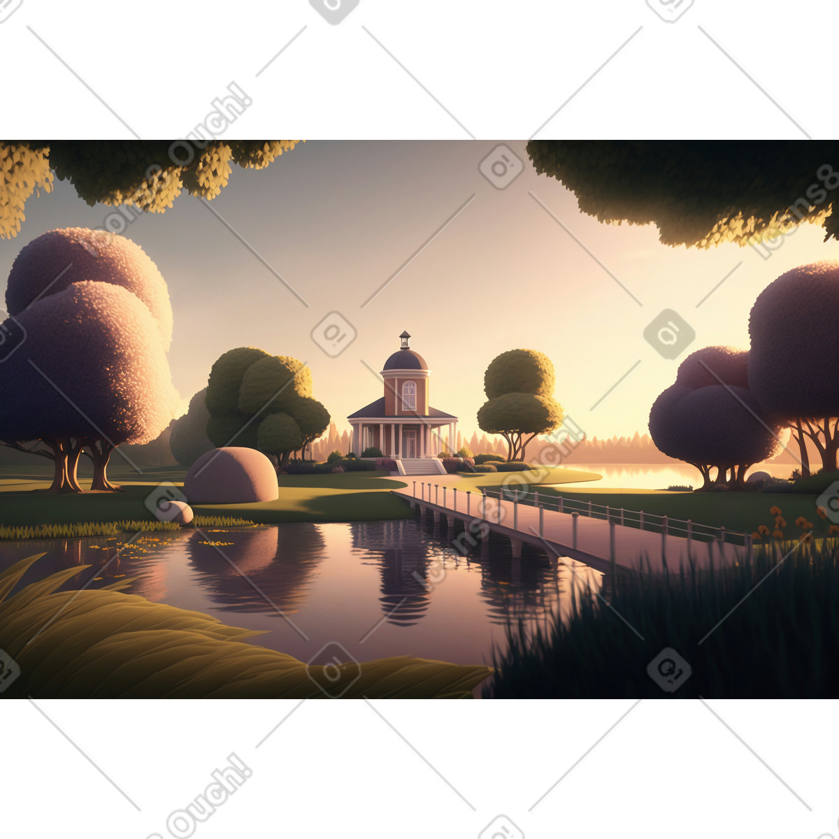 3D cartoon spring city park with lake illustration in PNG, SVG
