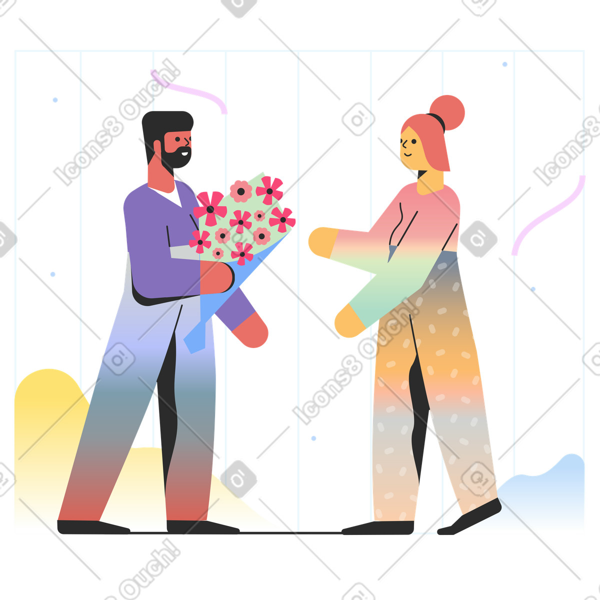 Mann schenkt frau einen blumenstrauß-Illustration im Marginalia-Stil als Download in PNG, SVG