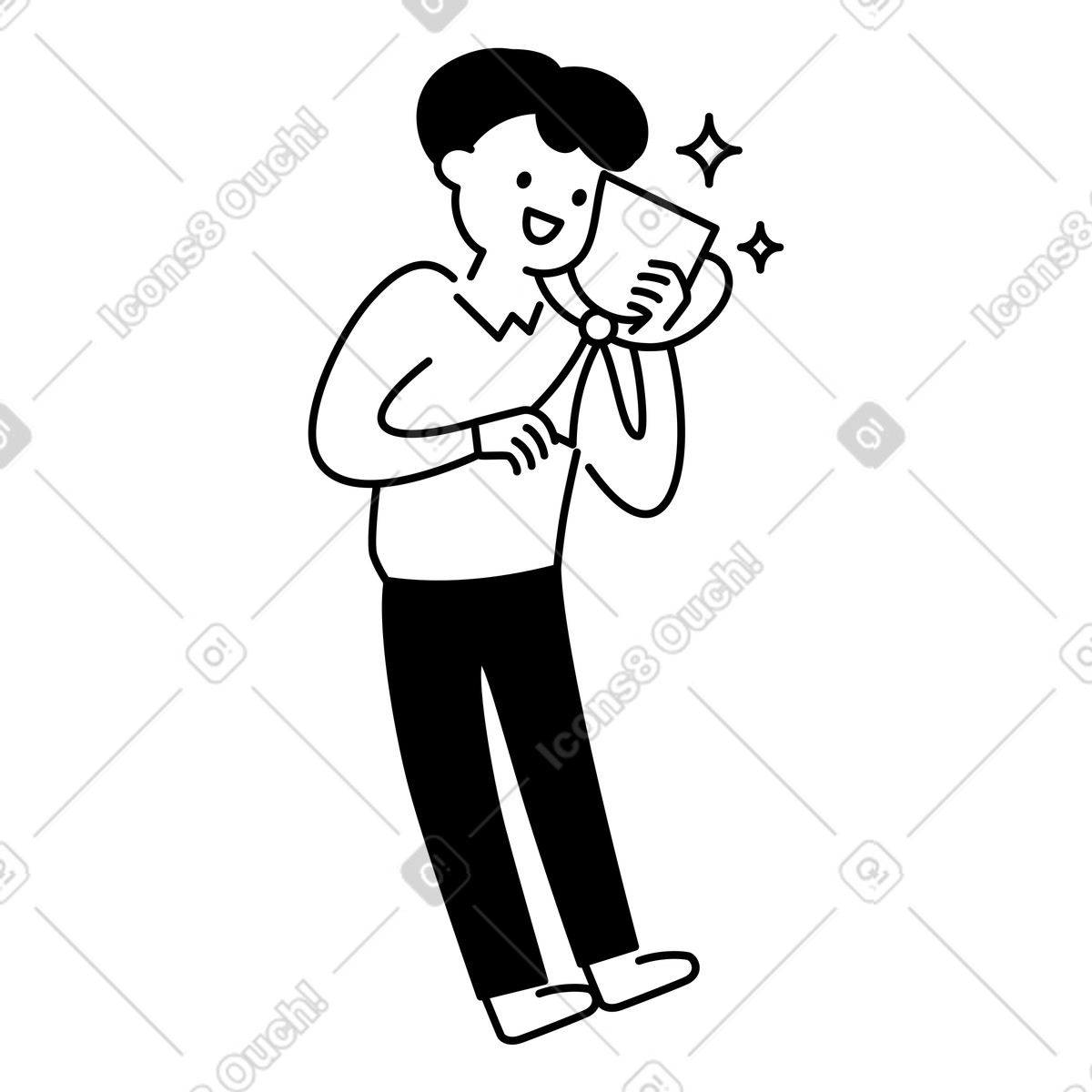 Trophy award celebration with happy employee holding prize and smiling-Illustration im Notion Line Art-Stil als Download in PNG, SVG