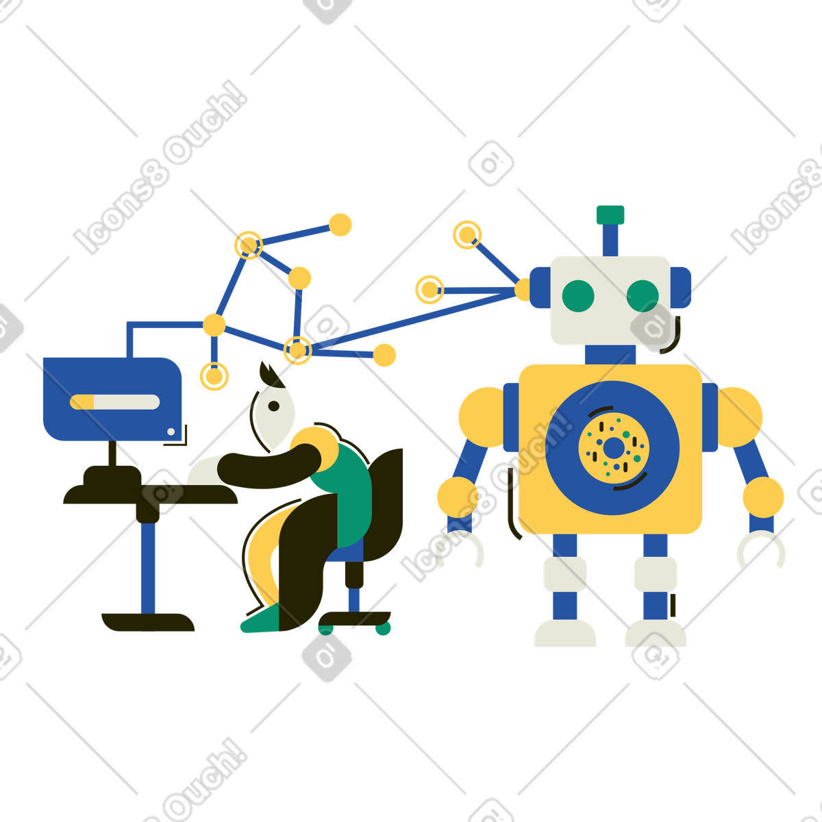 Man developing a robot using computer illustration in Spot style download in PNG, SVG