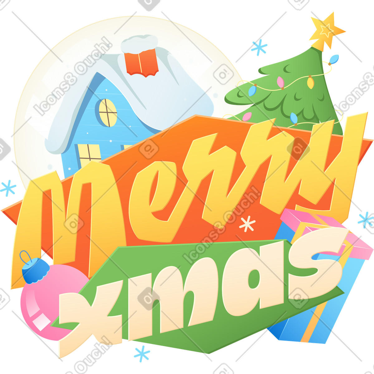 Lettering merry xmas with christmas decorations illustration in style download in PNG, SVG