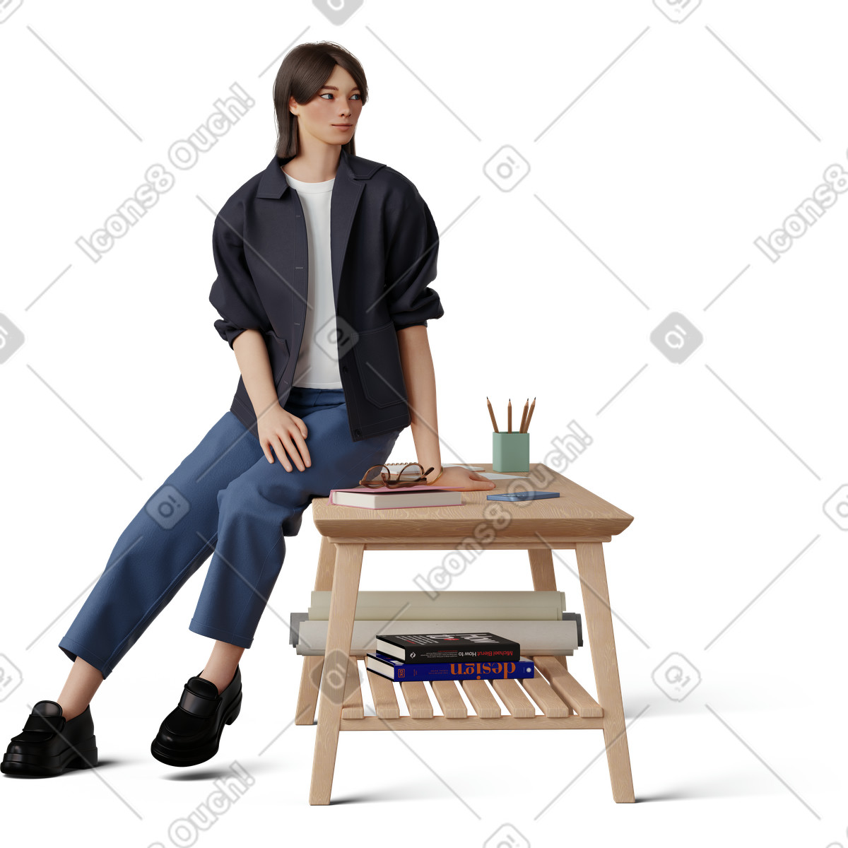 Иллюстрация Young woman sitting on coffee table в стиле 3D Hygge — скачать в форматах PNG, SVG