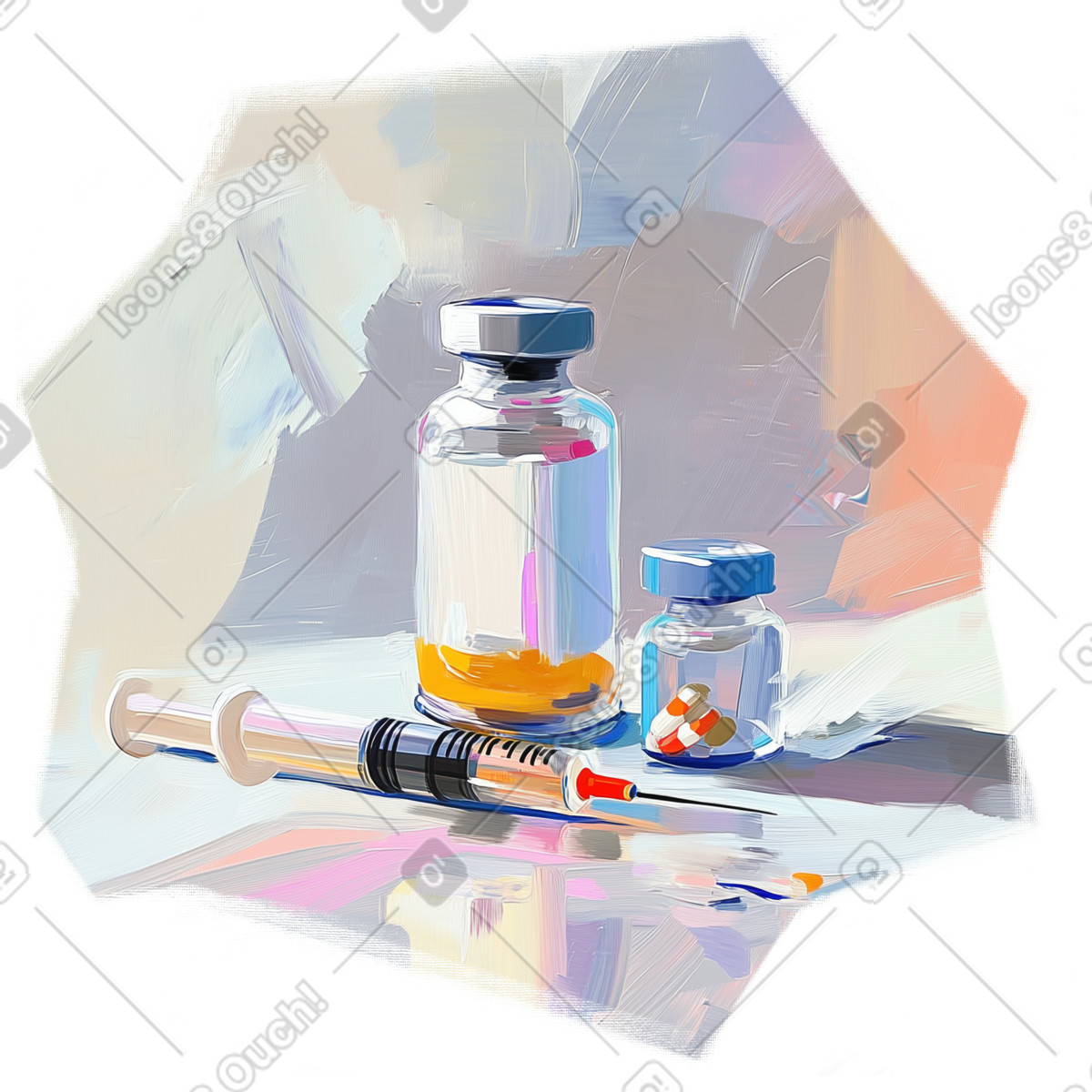 Oil painting of ampoule, syringe with medicine and pills-Illustration im Pictorial-Stil als Download in PNG, SVG