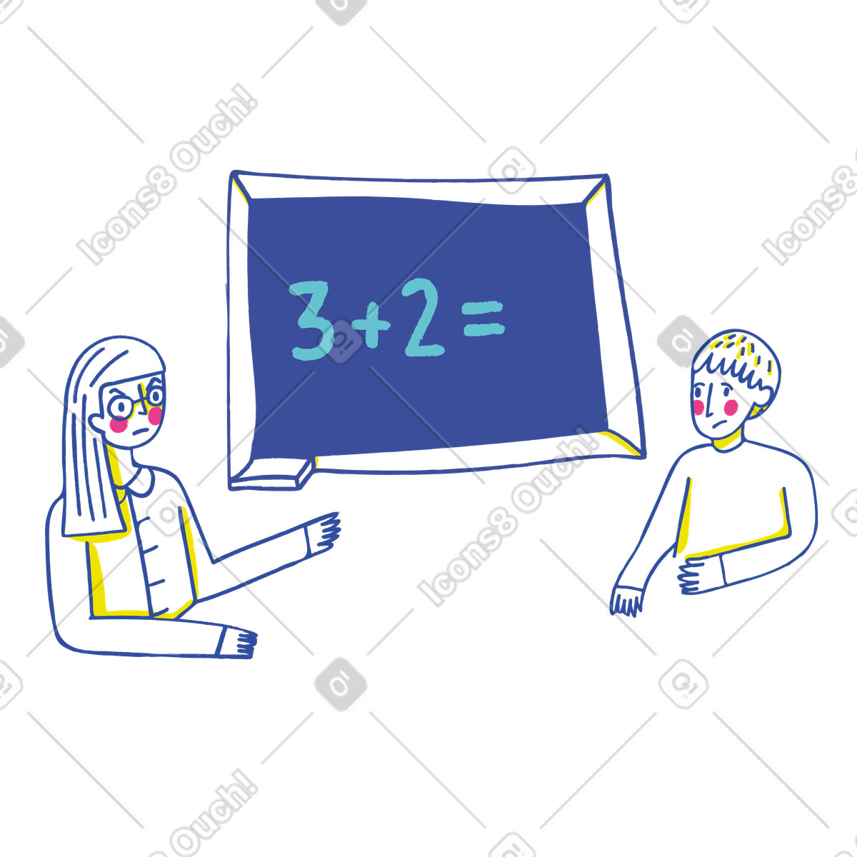 Illustration Enseignant aidant l'élève à résoudre une équation mathématique dans le style Lime télécharger aux formats PNG, SVG