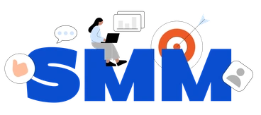 A woman analyzing data with marketing icons - Tiny style illustration