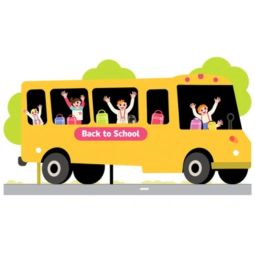 A yellow school bus with large black windows is parked beside a sidewalk. The bus has a bright red banner across the front that reads "Back to School". Inside the bus, several children are waving enthusiastically from the windows, displaying smiles and excitement. The scene captures a sunny day with green trees in the background, and a few colorful backpacks are visible on the seats inside the bus.