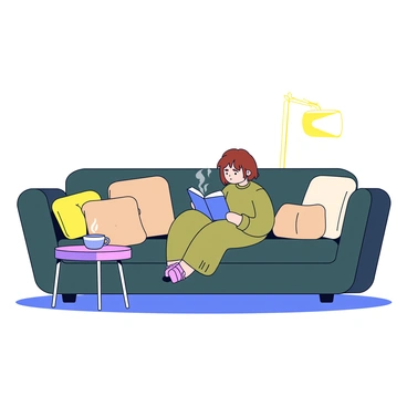 A person lounging on a plush couch, completely absorbed in a book. The couch is a dark green color and is covered with various soft cushions in shades of beige and cream. The person has short brown hair and is wearing a cozy sweater. Soft ambient light fills the room, casting a warm glow over the scene, enhancing the inviting atmosphere. There is a small side table next to the couch with a steaming cup of tea resting on it.