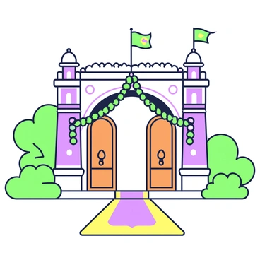 The ceremonial gate of Bangalore Palace stands prominently, adorned with intricate decorations. The gate features large, ornate wooden doors with detailed carvings, flanked by decorative pillars. Colorful garlands of flowers drape gracefully across the top of the gate, adding a festive touch. At the base of the gate, a vibrant carpet leads the way, inviting guests to enter. The surrounding area is filled with lush greenery, providing a rich backdrop to the splendid gate. Above, banners flutter gently in the breeze, enhancing the celebratory atmosphere.