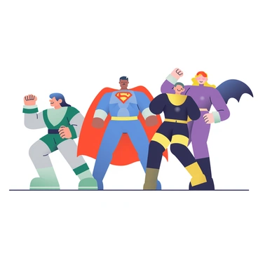 A team of superhero action figures is arranged in a dynamic group formation. In the center stands a figure with a red cape and blue armor, striking a powerful pose. To the left, a figure adorned in green and silver gear is crouched low, ready to leap into action. On the right, a figure with a sleek black suit and glowing yellow accents raises one arm in a commanding gesture. At the back, a figure with wings spread wide showcases their vibrant color scheme of purple and gold. Each figure has distinct facial expressions that convey determination and confidence. The group is placed against a light, neutral background to highlight their vibrant colors and dynamic poses.