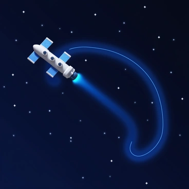 A spacecraft following a parabolic trajectory. The path of the trajectory is highlighted and curved, creating a clear shape against the background. The backdrop is filled with numerous stars scattered across the dark expanse of space. The spacecraft is detailed with visible features, such as solar panels and engine thrusters. Bright lights are emanating from the spacecraft, illuminating the path it follows.